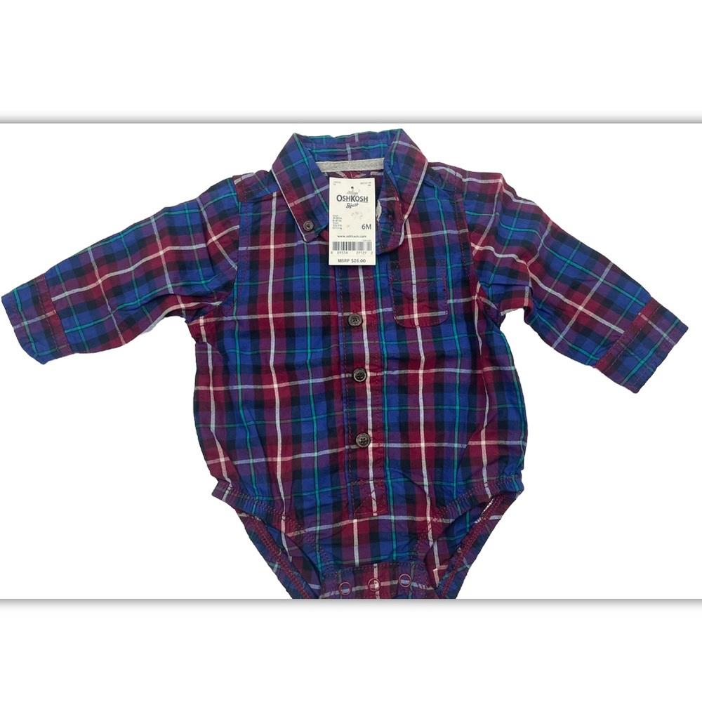OshKosh B'gosh Boys Button-Front Plaid Bodysuit 6 Month Long Sleeve 100% Cotton - Picture 2 of 9
